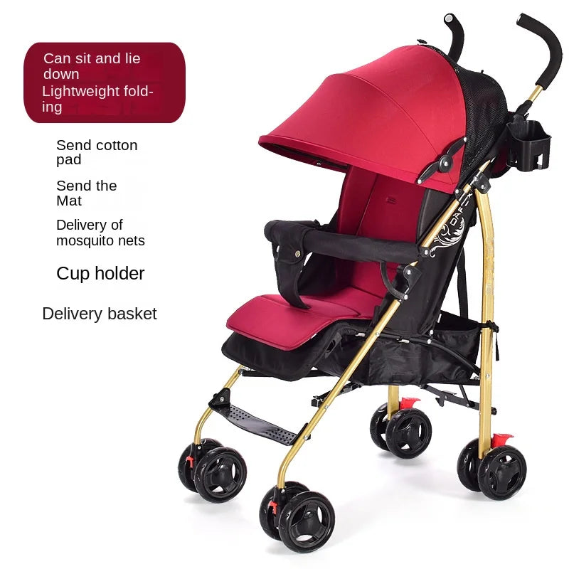 Poussette Bébé Poignée Dorée Pliable — Ultra-Légère Voyage Plein Air