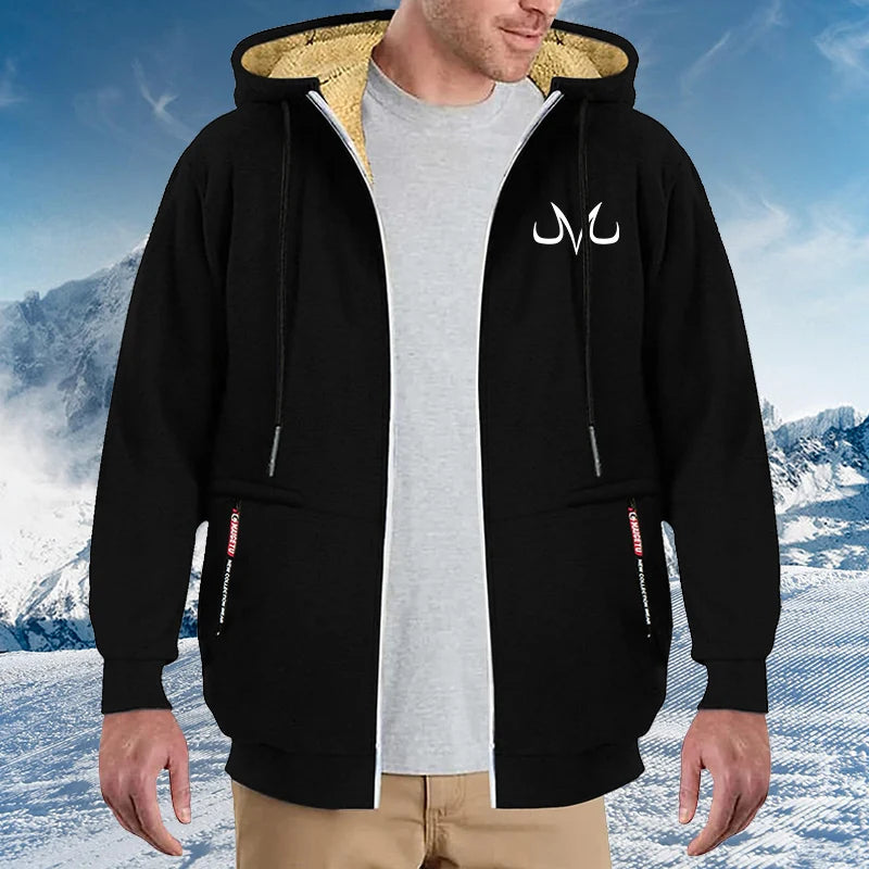 Men's Printed Sherpa Fleece Lined Jackets, Plush Winter Warm Coats with Zipper Pockets, Full-Zip Hooded Sweatshirt, Outdoor Outfits