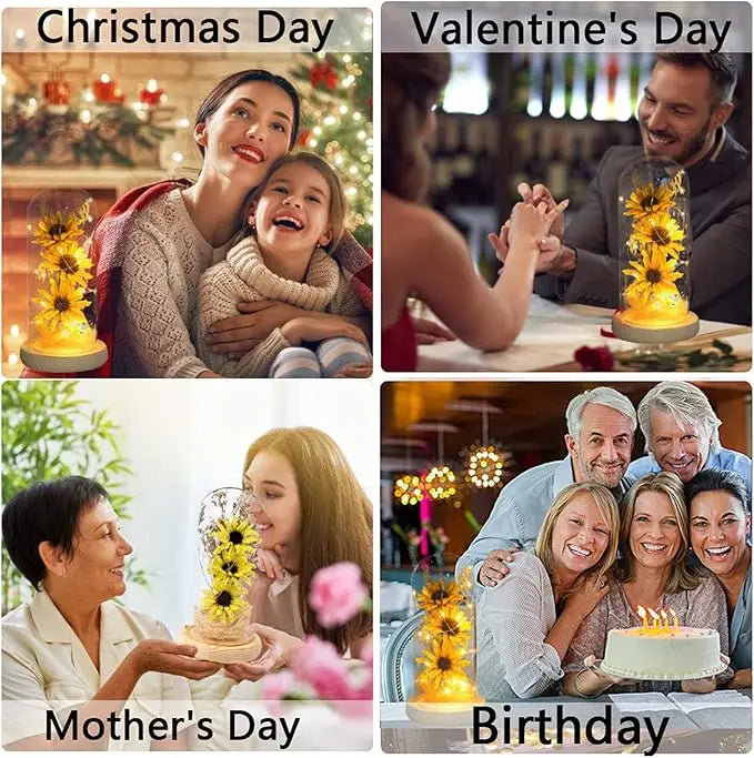 Girasoles artificiales de cristal bretón con tira de LED para mujeres, regalos de girasol, decoración de girasol, Día de la Madre, Fiesta de León