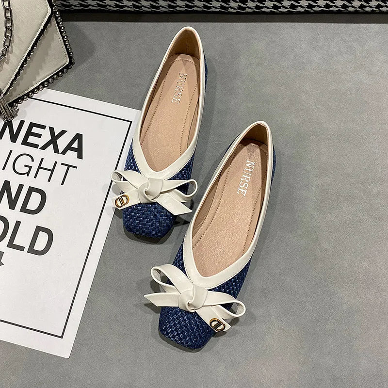 Zapatos de mujer 2025 nueva pajarita tejida punta cuadrada bailarinas de mujer Suela blanda zapatos de mujer de moda de talla grande Zapatos de mujer