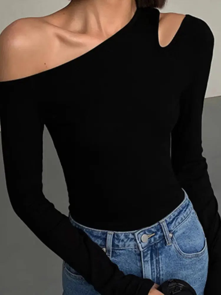 Camisetas de mujer de manga larga con cuello inclinado y hombros descubiertos, camisetas de manga larga ajustadas de color liso para primavera, camisetas ahuecadas sexys