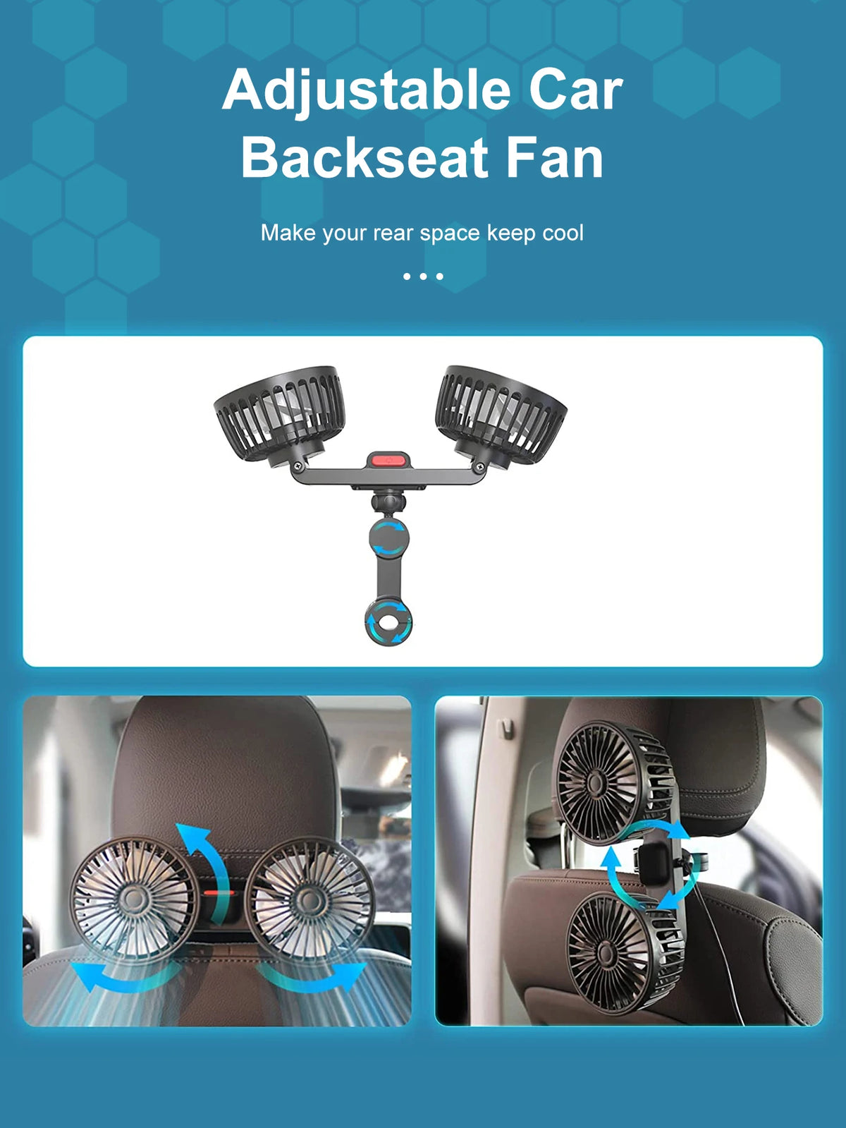 Ventilateur de voiture 360 °   Ventilateur de refroidissement arrière de siège de voiture à 3 vitesses, Charge USB, double tête, refroidisseur de cou à Rotation réglable pour accessoires de voiture et de maison