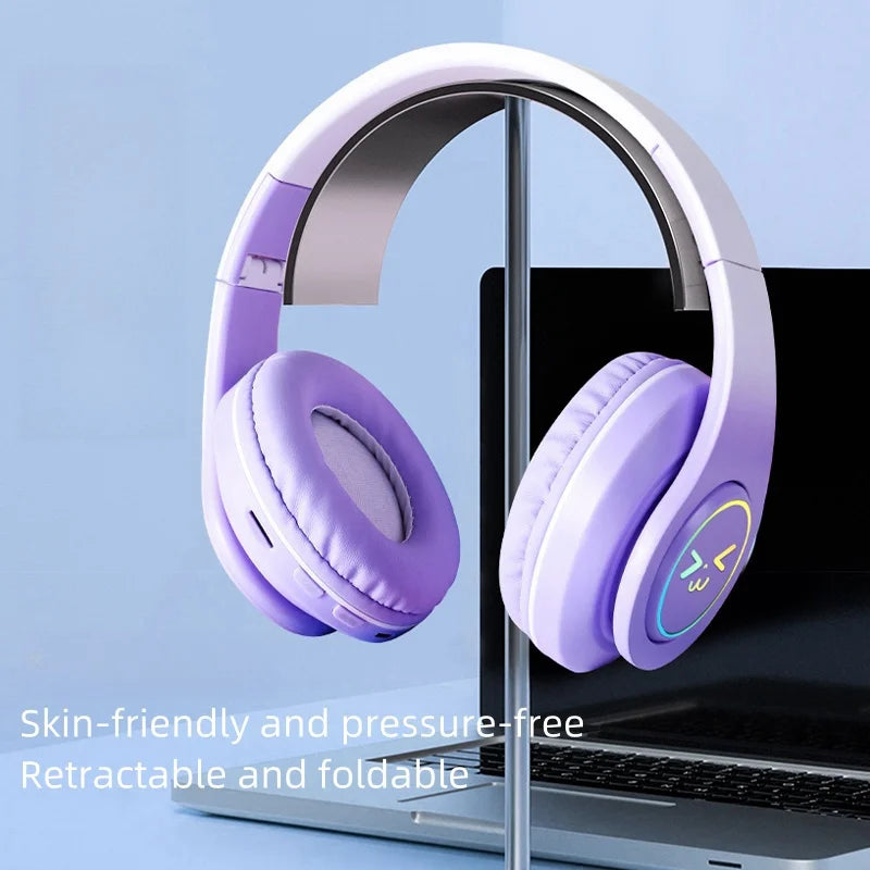 Casque Bluetooth sans fil pour ordinateur — jeu, réduction de bruit, visage souriant, RGB, gamer, basse