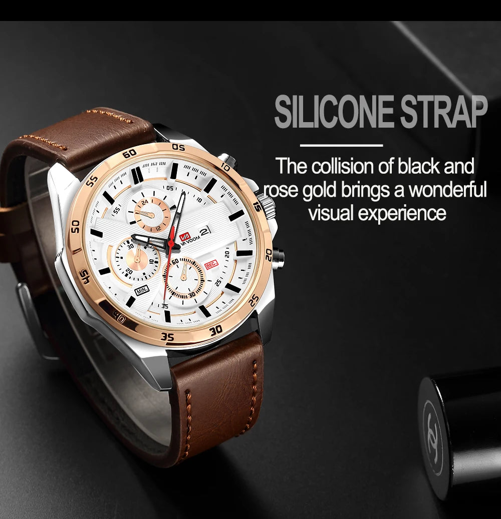 Montres de sport pour hommes, série de course de mode, 46mm, horloge en cuir noir VA VA VOOM, mouvement à Quartz 3Bar, montre-bracelet étanche pour hommes