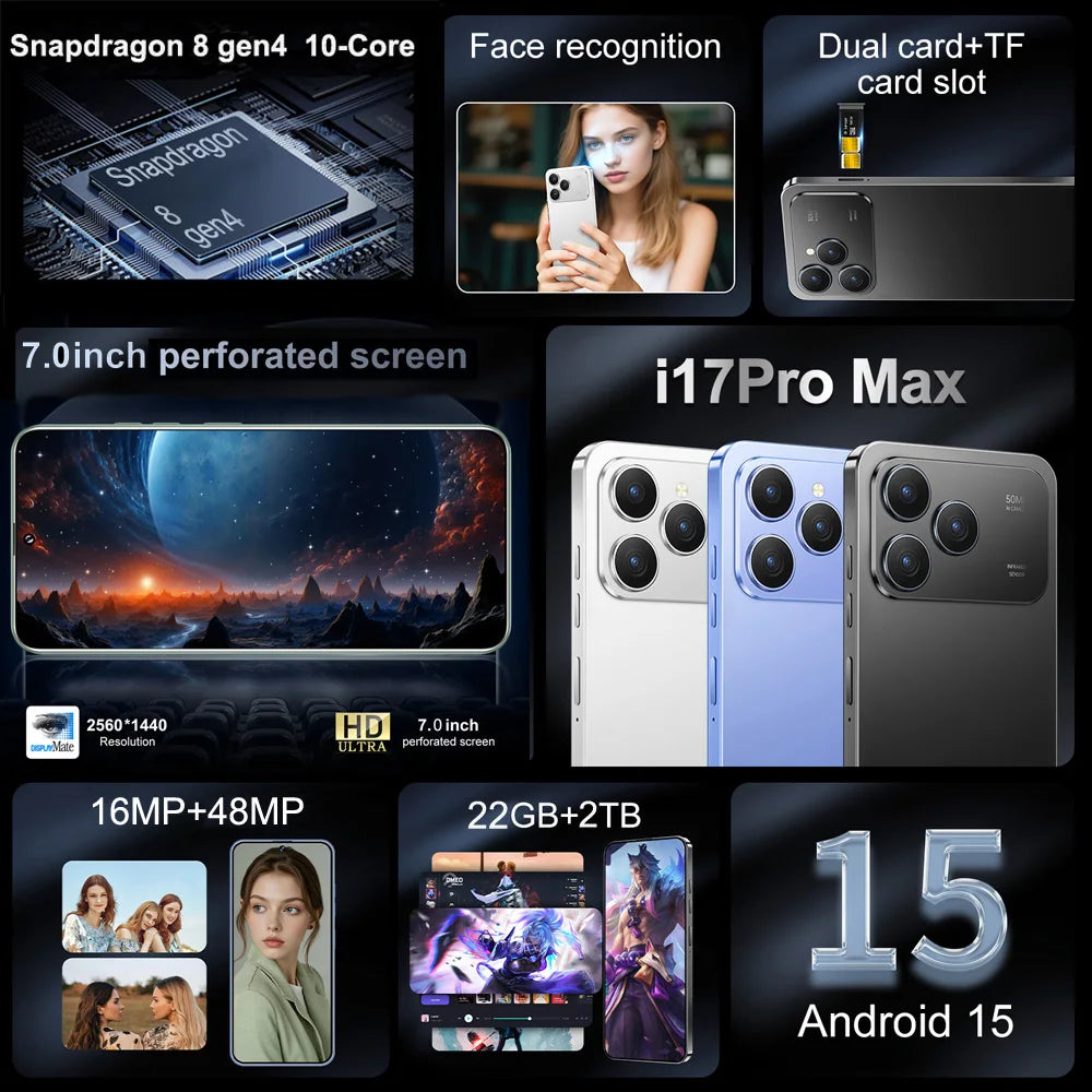HOT i17 Pro Max téléphones portables 2026 nouveau Original 7.0HD 5G double carte double veille Smartphone 8000mAh Android 15 téléphones mobiles