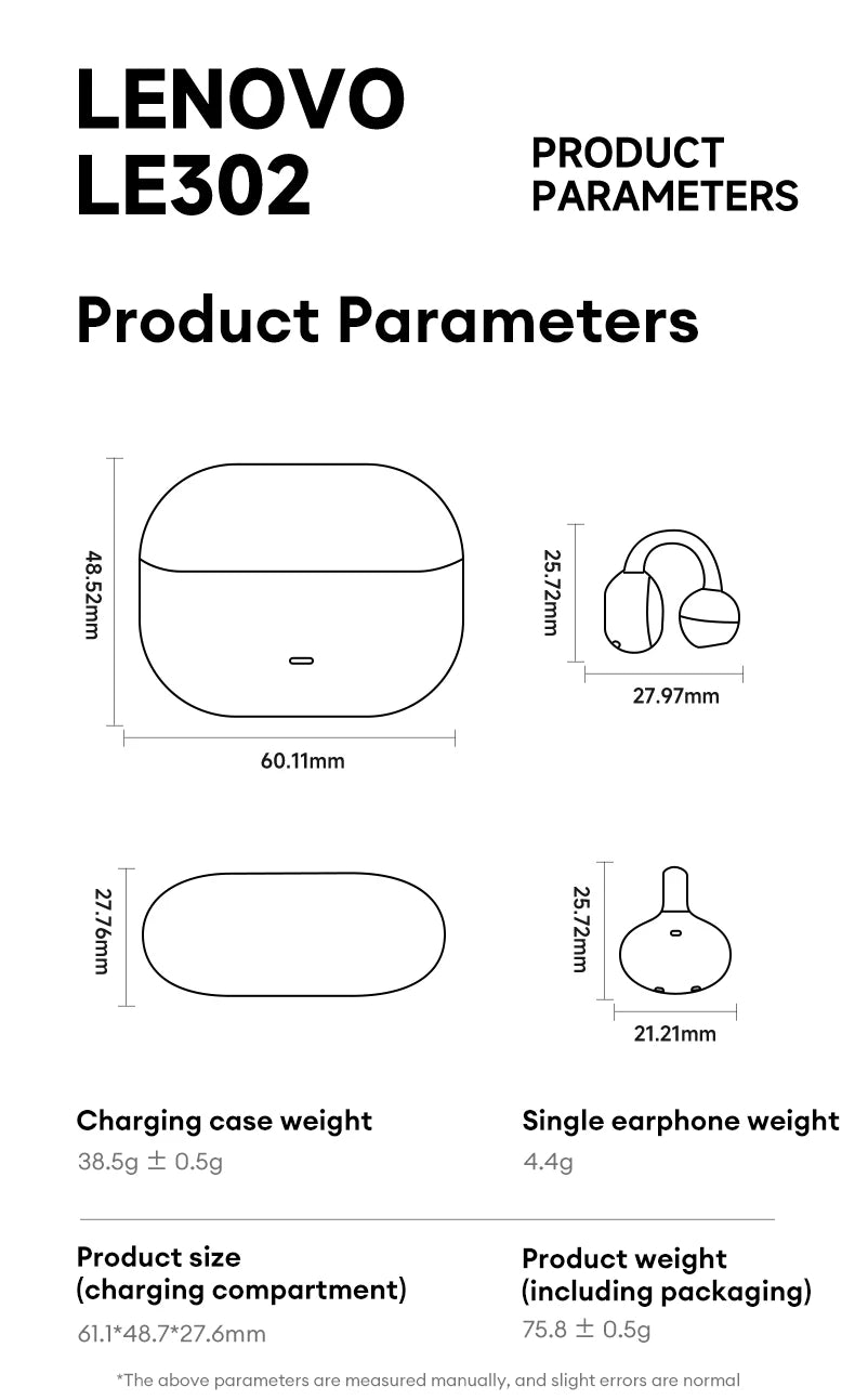 Auriculares Lenovo LE302 HIFI estéreo deportivos de clip abierto, Bluetooth 6.0 con cancelación de ruido y batería de larga duración