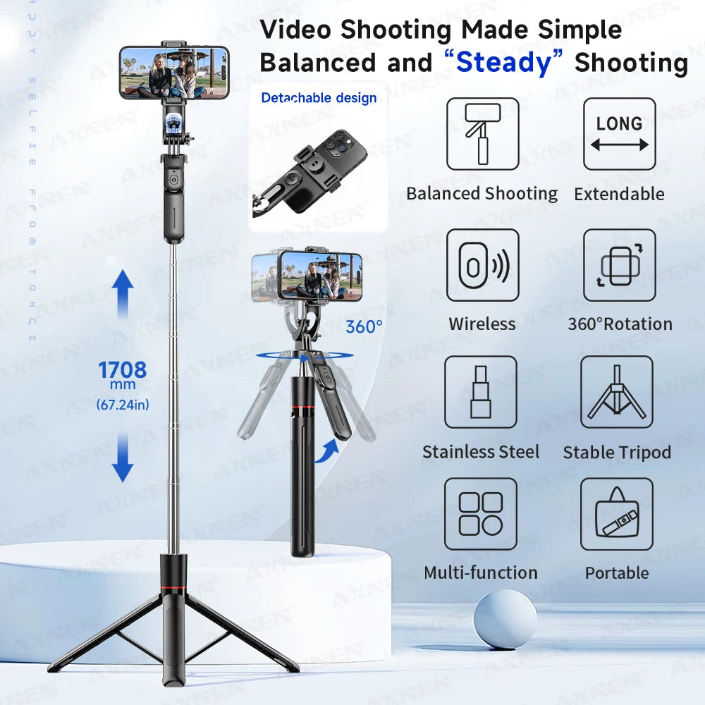 Perche à selfie trépied 1708mm avec télécommande Bluetooth — rotation 360°, interface 1/4", lumière optionnelle