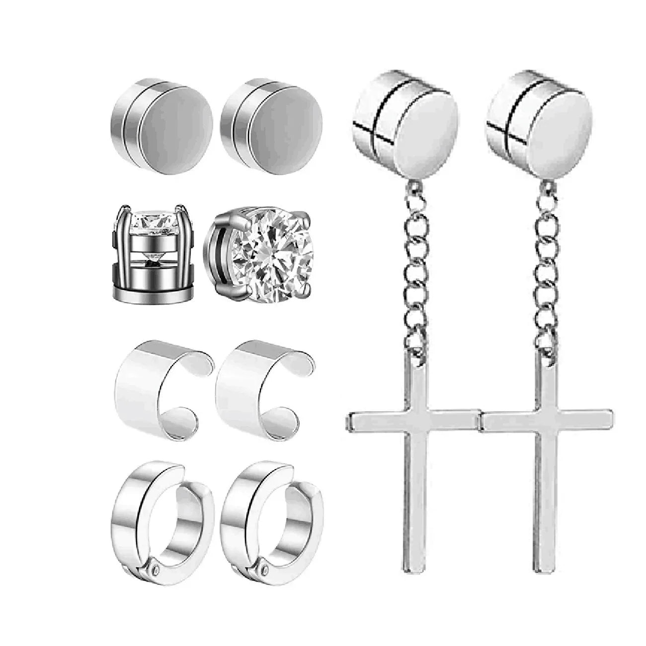 Ensemble de faux boucles d'oreilles en acier inoxydable pour hommes, 1 à 10 paires, à la mode, avec trou d'oreille, aimant gratuit, zircon