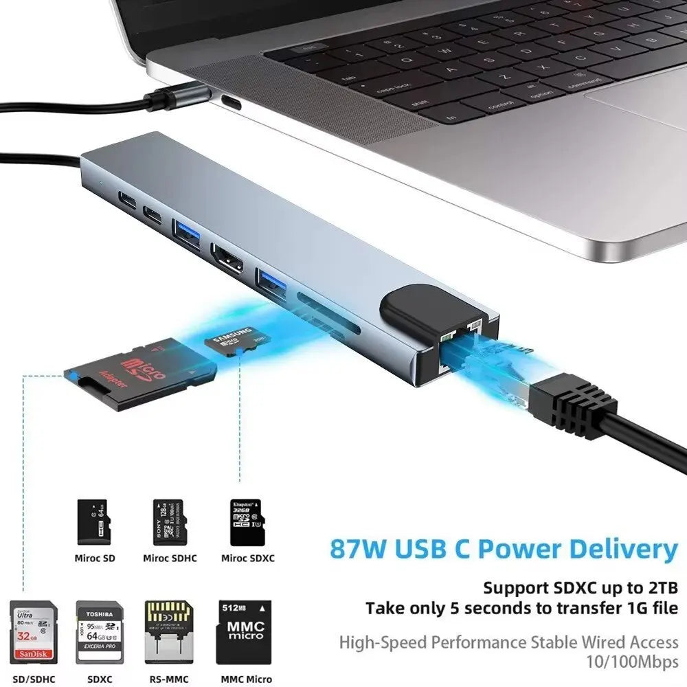 Concentrador USB 3.0 tipo C Estación de acoplamiento USB C a HDMI 4K 30HZ tipo C a RJ45 100Mbps Adaptador Ethernet Extensor VGA Auriculares PD 100W