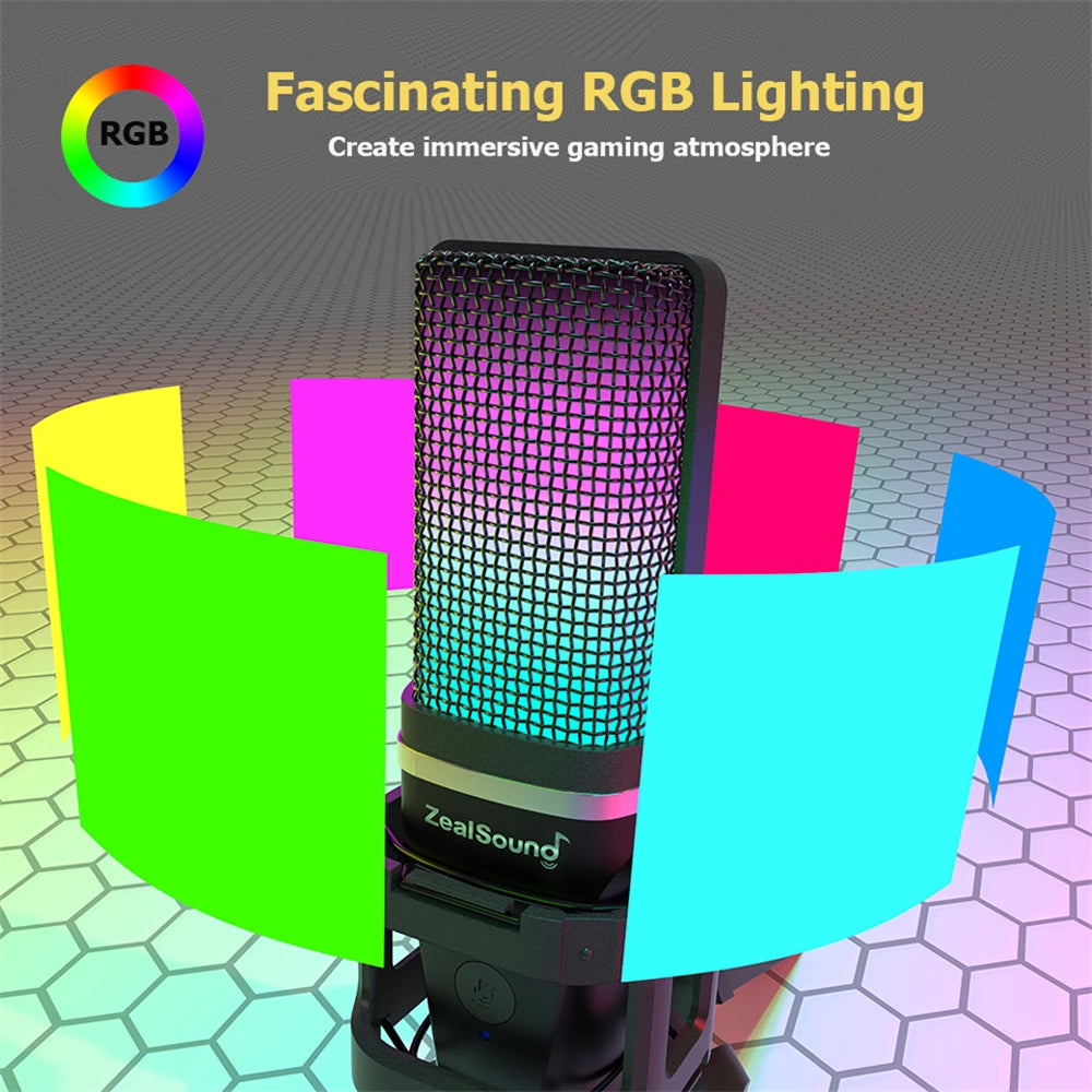 Zealsound – Microphone USB à condensateur RGB avec bras articulé pour gaming, podcast et YouTube
