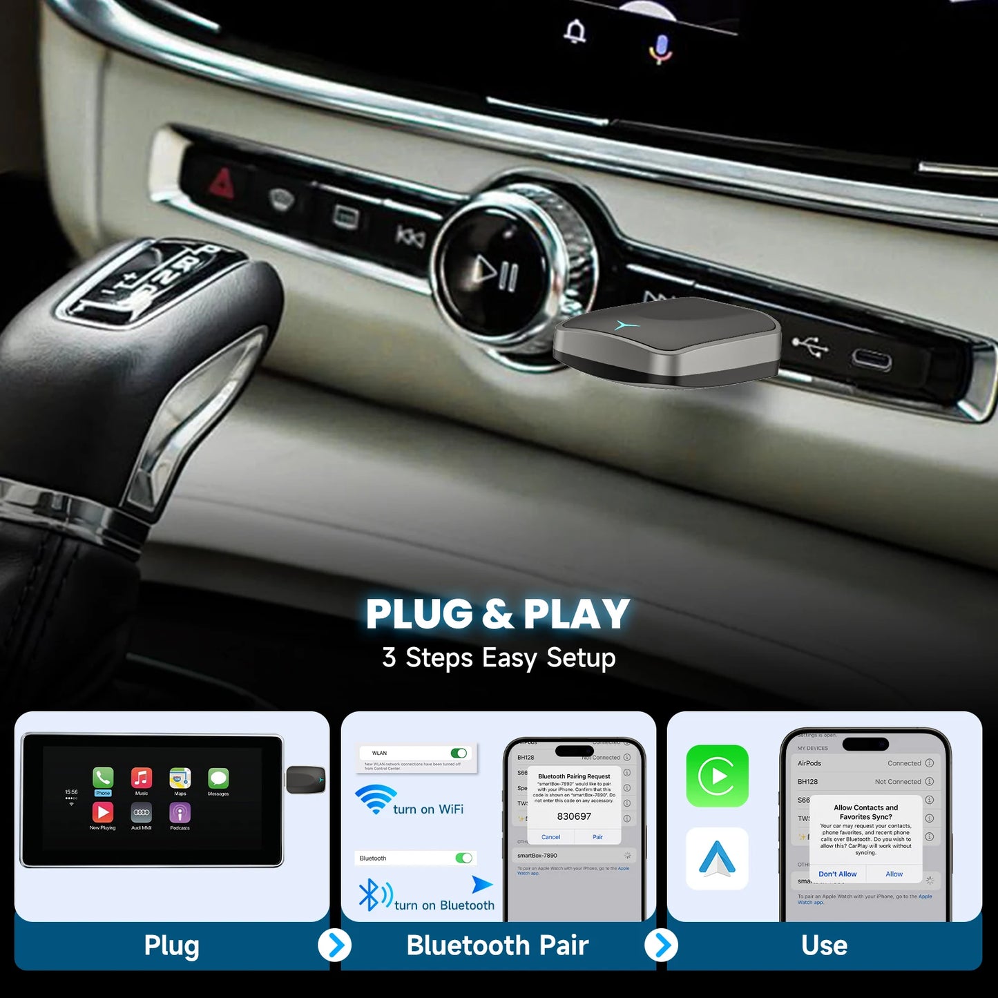 2-in-1 Wired to Wireless CarPlay and Wireless Android Auto Adapter Plug & Play