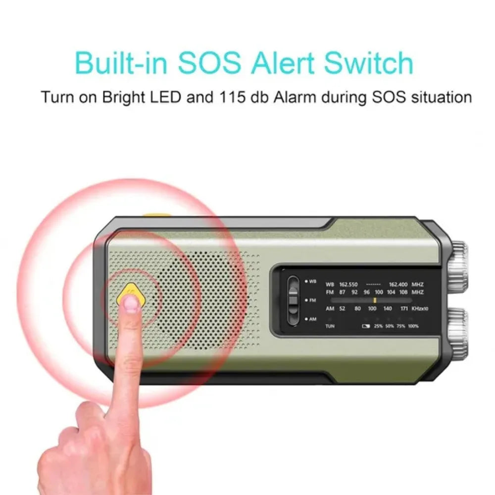 Radio météo d'urgence multifonctionnelle, FM AM WB, manivelle, charge USB solaire, batterie externe 2000mAh, lampe torche LED