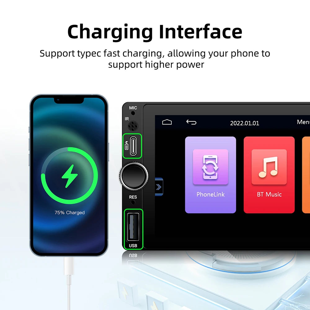 Autorradio universal MP5 de 1DIN y 6.86 pulgadas, compatible con Carplay inalámbrico, Android AUTO, AUX, USB, BT, pantalla táctil y reproductor de video multimedia.