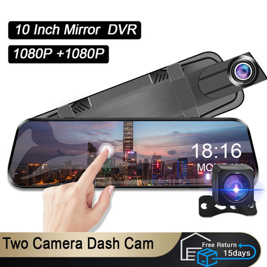 10 "Touchcam táctil 24H Aparcamiento opcional doble lente frontal y trasera para coche DVR espejo grabador de vídeo caja negra sistemas inteligentes