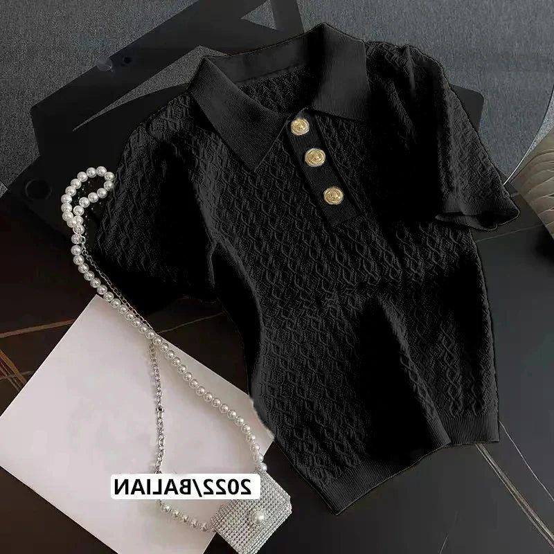 Polo en soie glacée tricoté à manches courtes, T-shirt d'été chic et fin, hauts jacquard uniques pour femmes, style coréen 2026, vêtements pour femmes