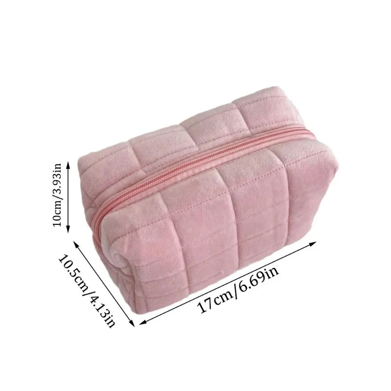 Neceser de felpa suave, bolsa de viaje portátil, color liso, cierre de cremallera, organizador de almacenamiento de artículos de tocador para mujeres, bolsa de maquillaje