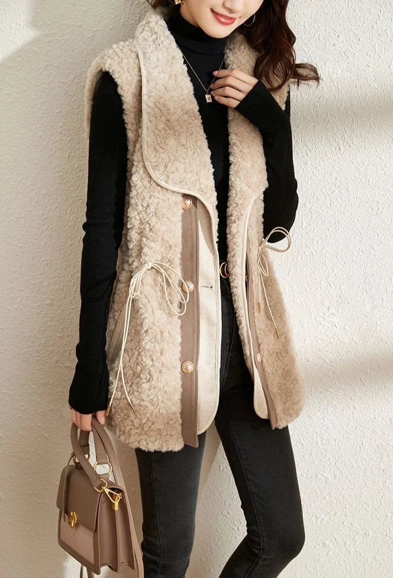 Chalecos de piel de cordero para mujer, Wstring de proximidad, chalecos elegantes de otoño para mujer, nueva colección