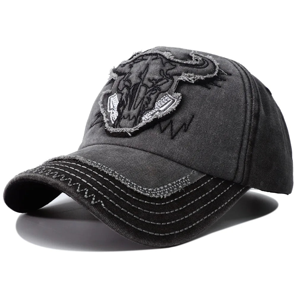 Gorra de béisbol de mezclilla lavada para hombres y mujeres, estilo Hip Hop Vintage con bordado de cabeza de toro, Y2k Snapback, gorras de papá, nueva colección 2023