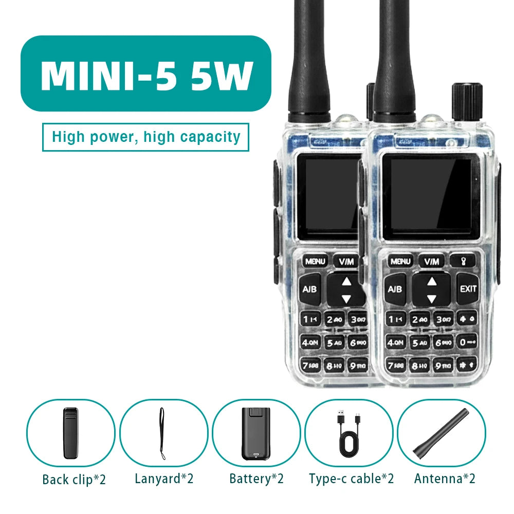 Mini talkie-walkie Baofeng MINI-5, double bande UV, Bluetooth, FM, sélection de fréquence à un bouton, idéal pour les voyages.