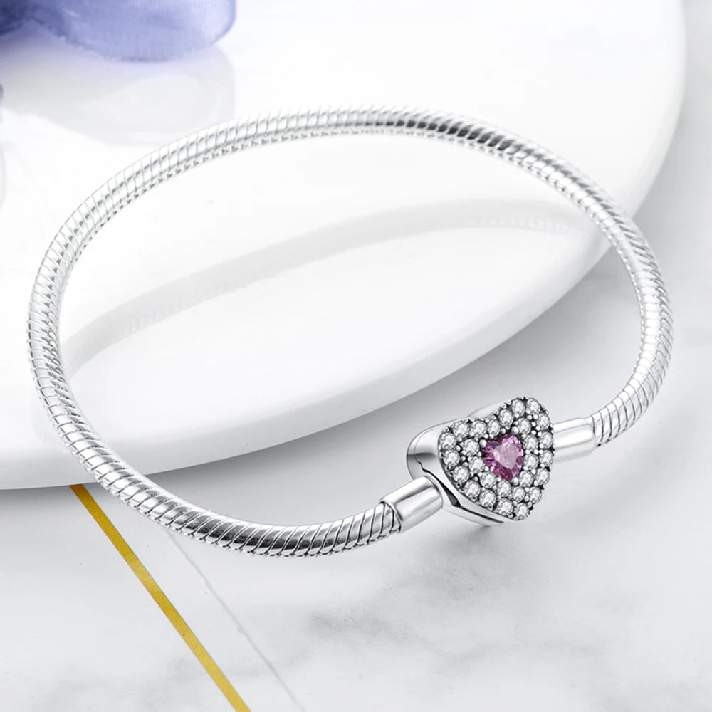 Pulsera de moda S925 de plata chapada con corazón de melocotón de amor brillante con circonitas para mujer, abalorios de bricolaje, cuentas finas, joyería de cumpleaños, bricolaje