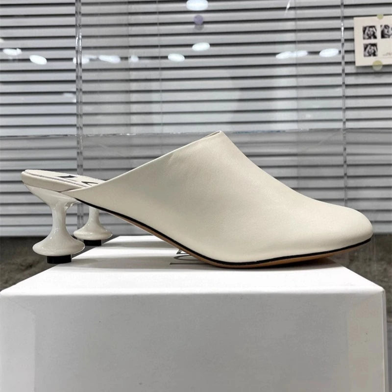 Women's Square Toe Elegant Slippers Fashion Mid Heels Leather Sandals Mule Trendy Shoes Spring Designer Dress Female Shoes