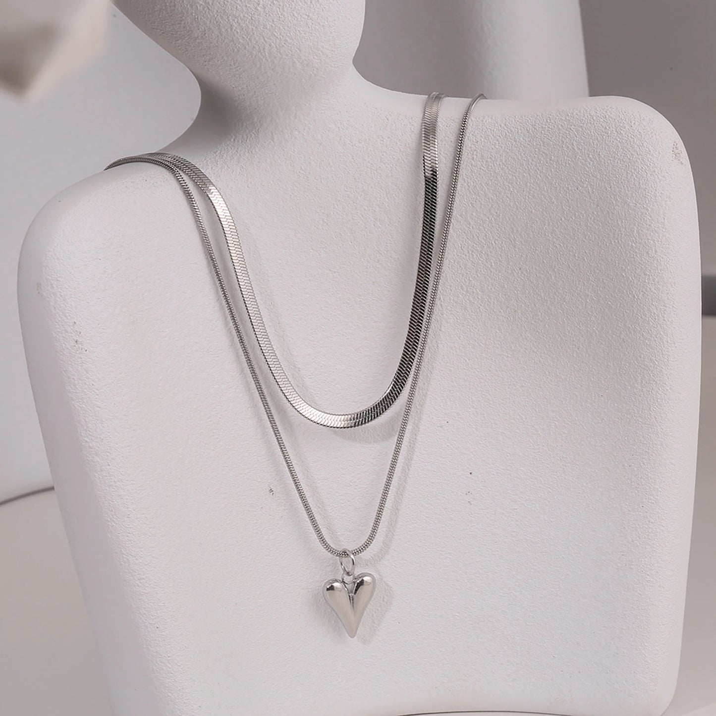 Seakissky Stainless Steel Double Layer Necklace, Simple and Elegant, Charming Love Heart Pendant, High Quality Gifts for Women, Hot Sale