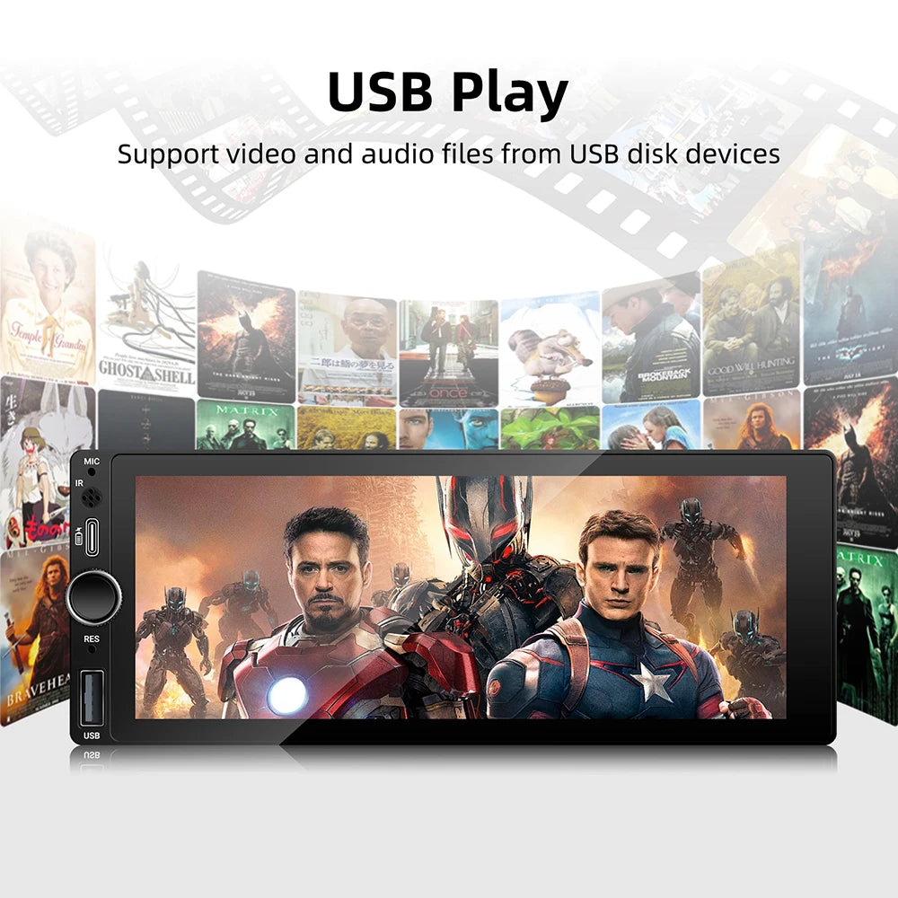Autorradio universal MP5 de 1DIN y 6.86 pulgadas, compatible con Carplay inalámbrico, Android AUTO, AUX, USB, BT, pantalla táctil y reproductor de video multimedia.
