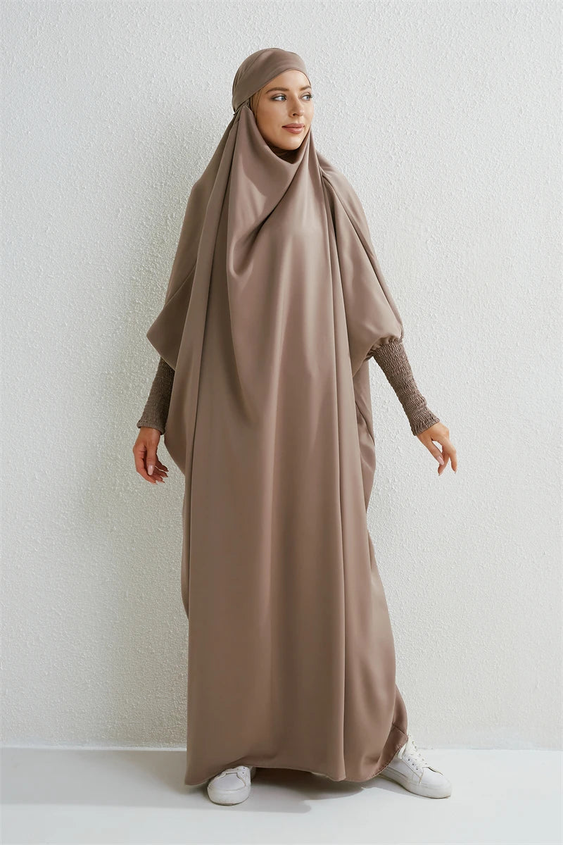 Abaya musulman à capuche manches smockées une pièce Robe de prière femmes Jilbab vêtements islamiques dubaï saoudien Robe noire modestie turque