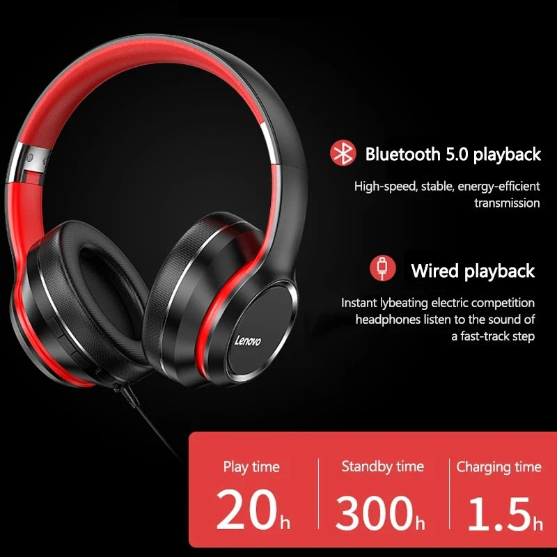 Lenovo HD200 Bluetooth On-Ear Foldable Wireless Computer Headphones Noise Cancellation HIFI Stereo Gaming Headset