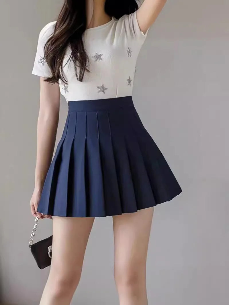 Mini jupe plissée avec short pour femmes, taille haute, ligne a, jupe patineuse, blanc, noir, rose, uniforme scolaire sportif, nouvelle mode, offre spéciale