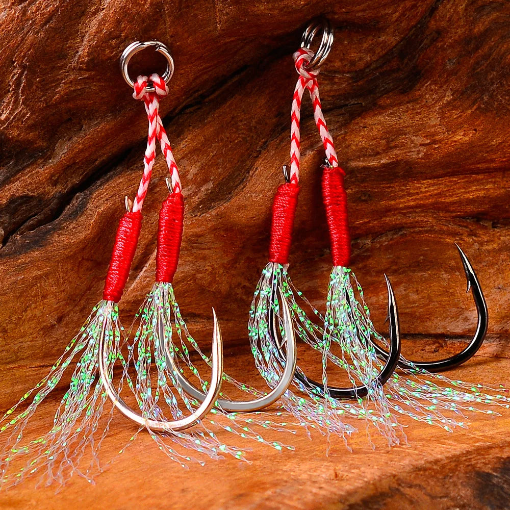 10 paire/lot crochet de pêche gabarit Double paire crochets fil barbelé plume accessoires Pesca acier à haute teneur en carbone leurre de pêche gabarits lent