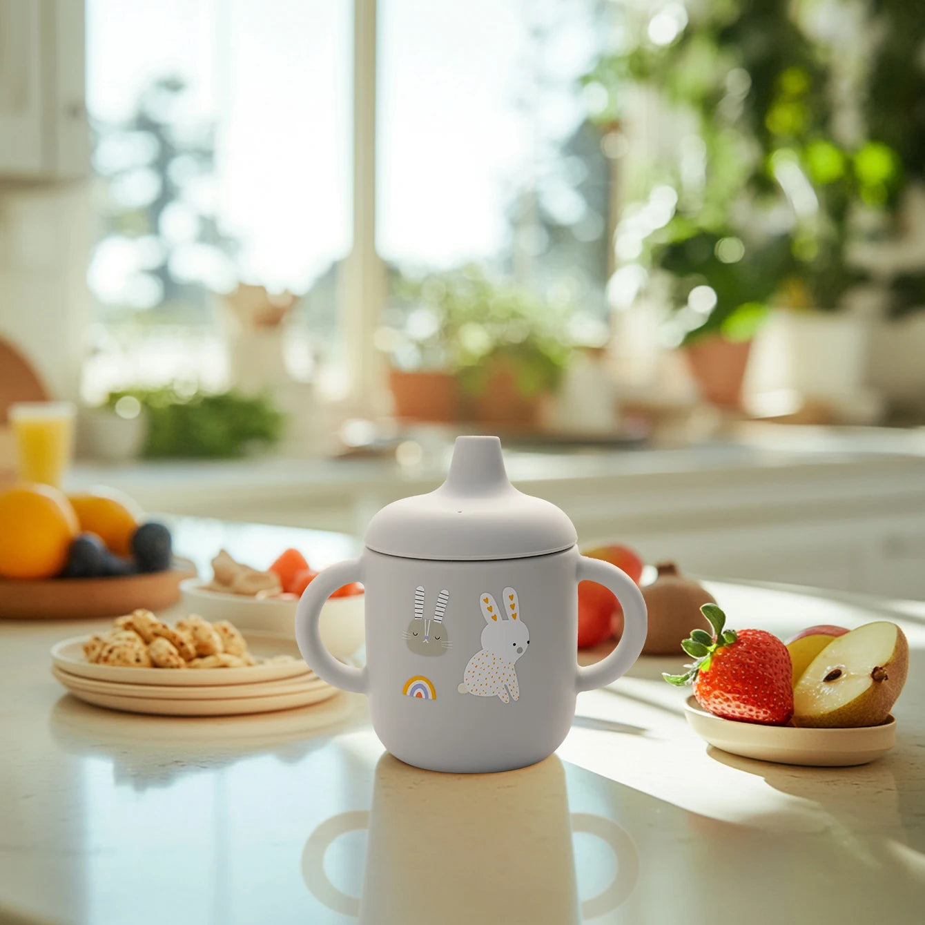 1 pieza taza de alimentación de silicona de dibujos animados para bebé, sin BPA, a prueba de fugas, taza de entrenamiento con mango, para viajes, apta para lavavajillas, artículos para bebé