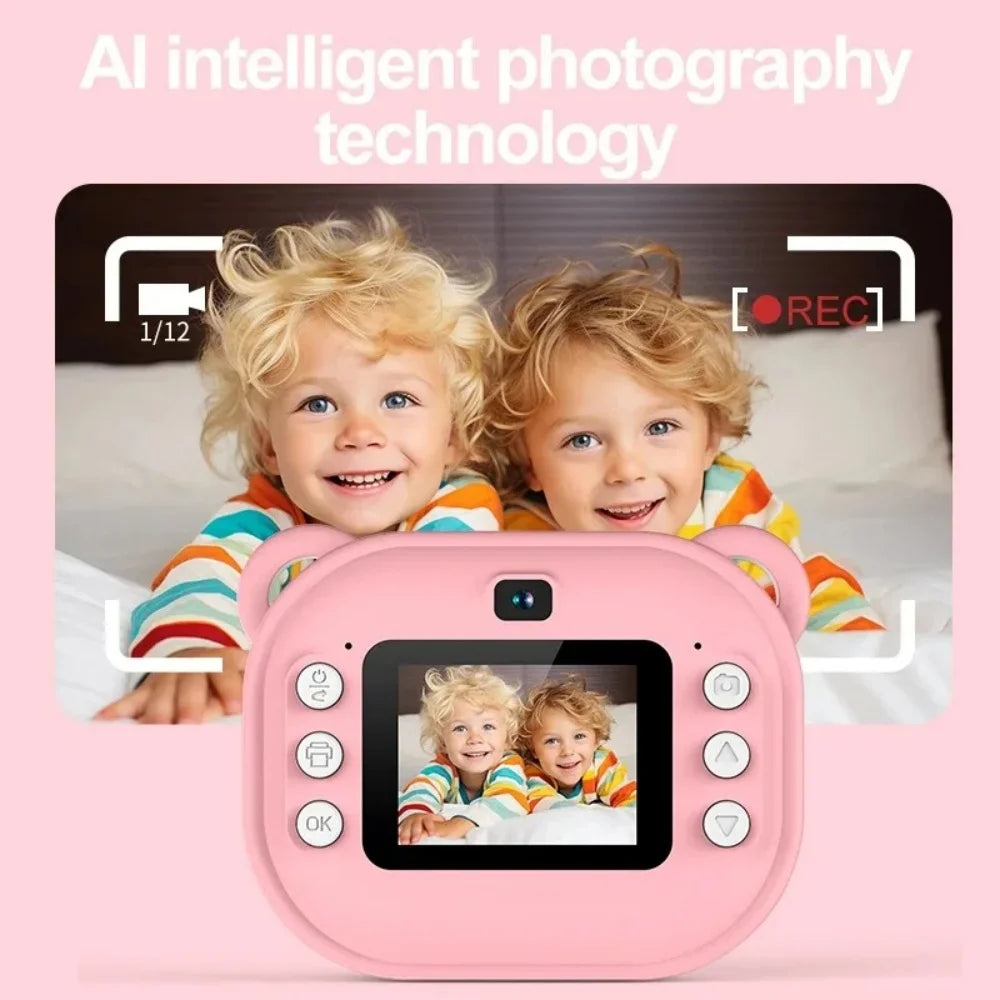 Cámara instantánea para niños, minicámara de vídeo digital para niños, pantalla 1080P, impresión de papel térmico + tarjeta de memoria de 32G