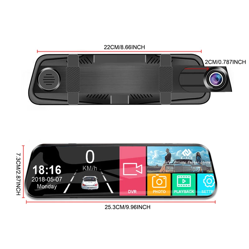 Dashcam Tactile 24H Parking — Double Objectif Avant Arrière Rétroviseur Boîte Noire