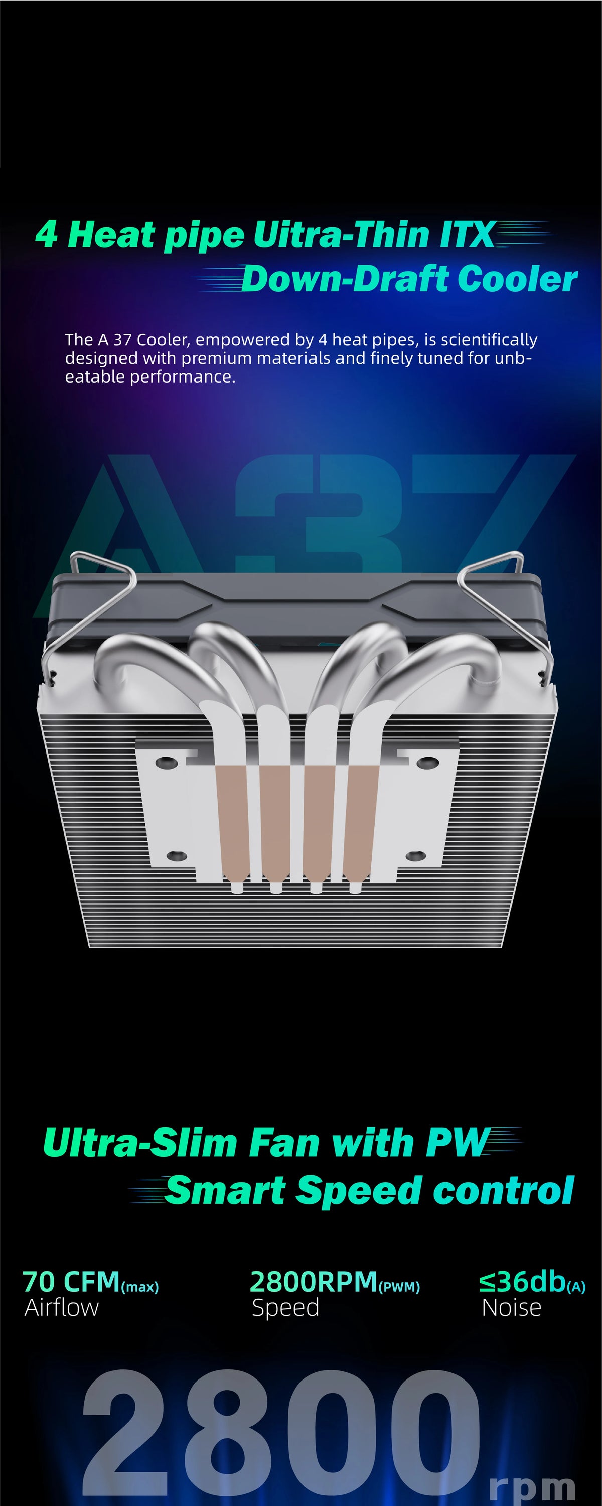Antec A37 37mm ITX refroidisseur de processeur à profil bas 92mm ventilateur PWM 130W-TDP pour Intel/AMD 12.8 W/m.K pâte, Compatible I5-12400F/Ryzen-7500F