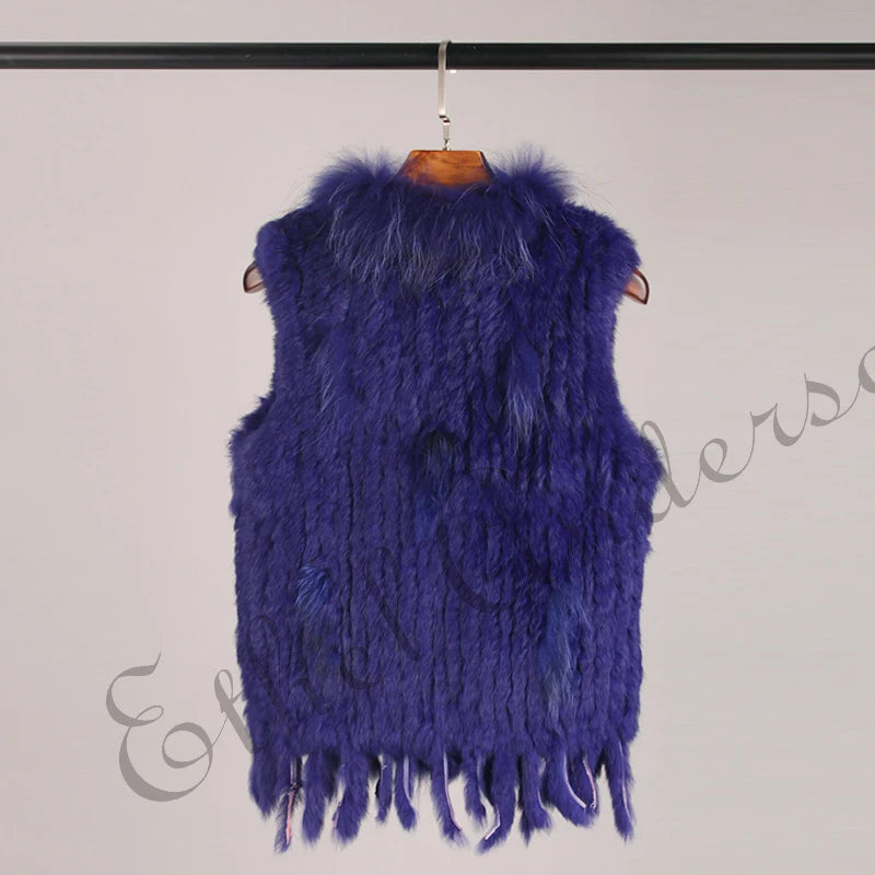 ETHEL ANDERSON – Chaleco con borlas de piel de conejo auténtica, chaleco de punto de alta calidad, vintage, de piel de mapache, ropa de abrigo