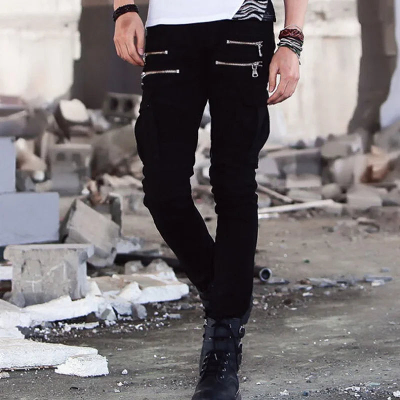 Jean Motard Denim Vert Homme — Slim Élastique Hip Hop Militaire Cargo