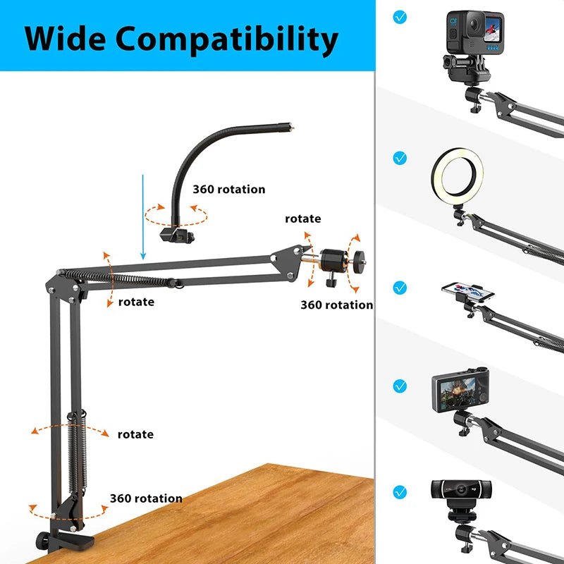Trépied aérien pour téléphone avec anneau lumineux, support de téléphone portable de bureau pour Table de prise de vue vidéo, support Mobile pour enregistrement de tournage
