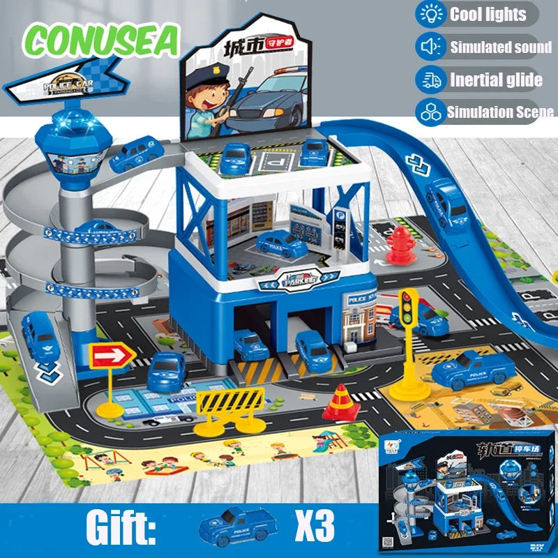 Coches ferroviarios Parking de bricolaje ensamblado pista inercia coche ingeniería vehículo coche pista para niños niños regalos de cumpleaños
