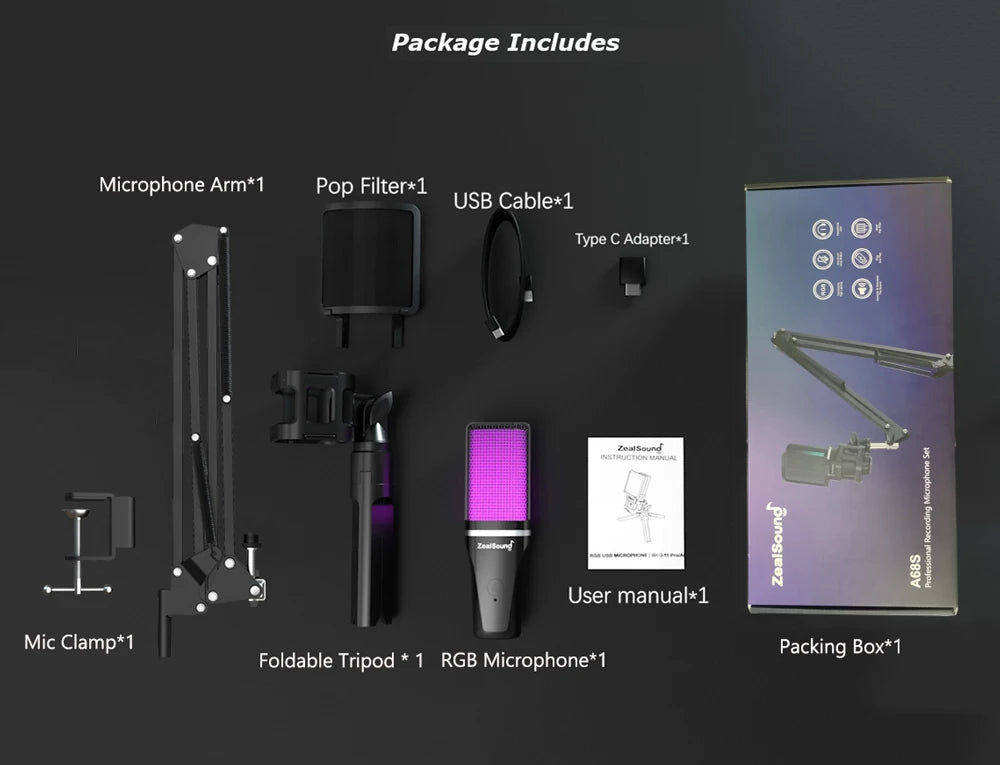 Zealsound – Microphone USB à condensateur RGB avec bras articulé pour gaming, podcast et YouTube