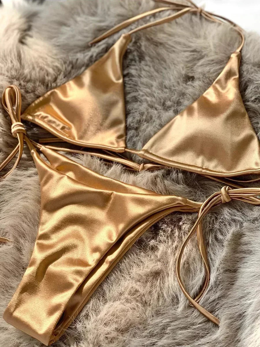 Licou brésilien métallique Satin Bikini femmes maillots de bain femme maillot de bain deux pièces Bikini ensemble coupe haute maillot de bain maillots de bain