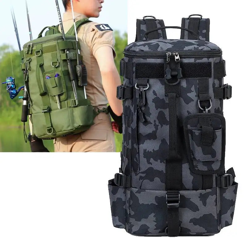 Sac à dos de pêche tactique, sac de matériel avec porte-canne, rangement d'équipement de poisson Molle Camping randonnée sac multifonctionnel en plein air