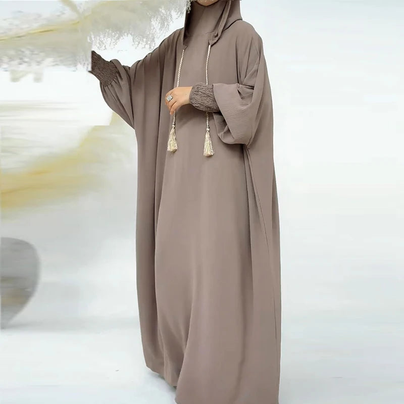 Abayas à pompons pour femmes musulmanes, vêtements de prière du Ramadan, Jalaba à capuche, manches chauve-souris décontractées solides, robe arabe financièrement, Djellab Eid
