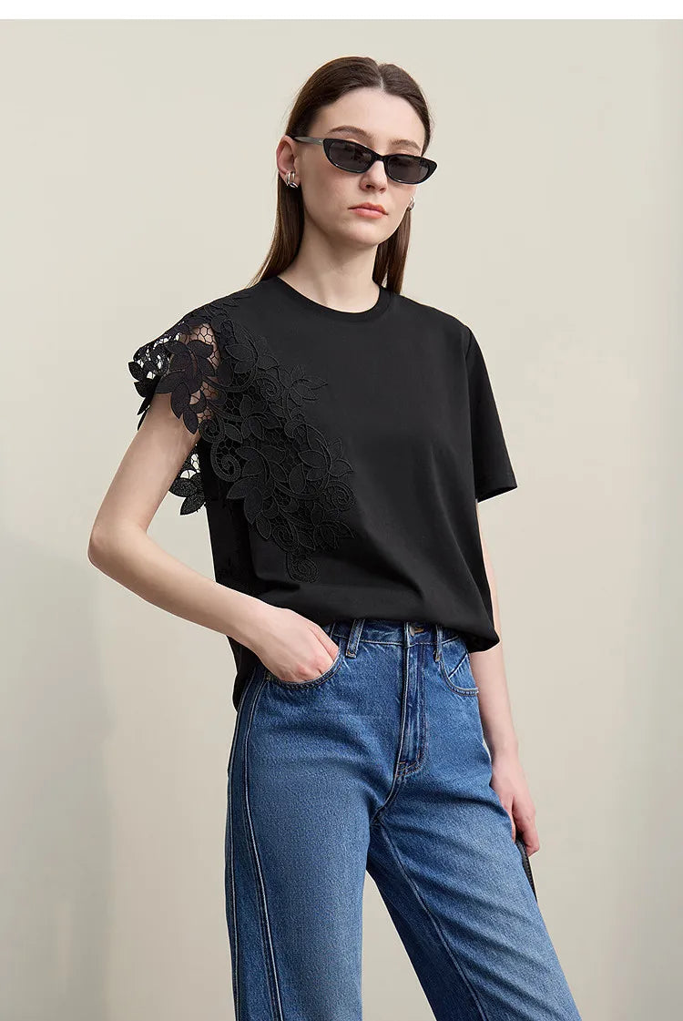 T-shirt femme 2026 été — col rond, coton, anti-transpiration, dentelle asymétrique, ample, manches courtes