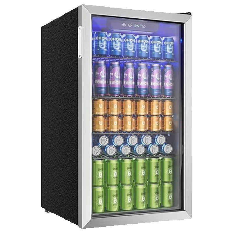 Refrigerador de bebidas con puerta de vidrio para 126 latas, estantes ajustables, para cerveza/vino, hogar/bar/oficina, acero inoxidable negro