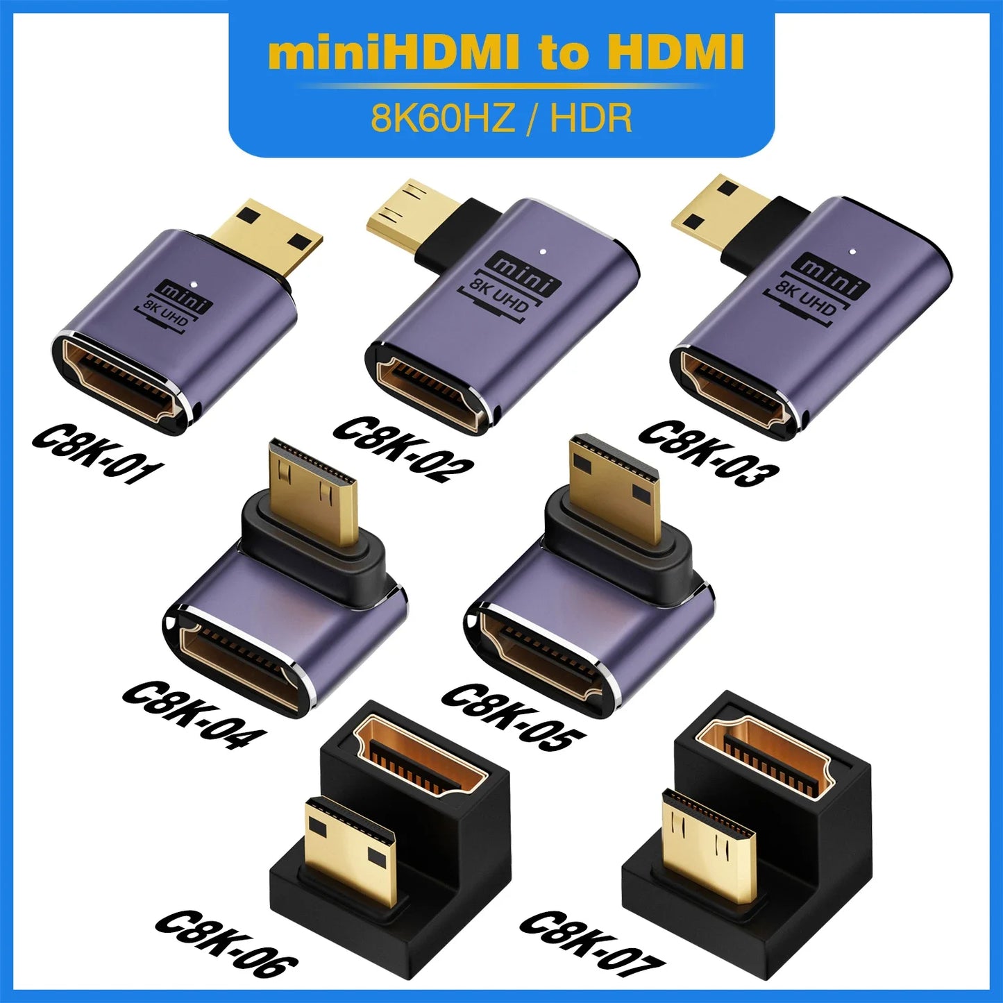 Convertisseur mini micro HDMI vers HDMI 2.1 — 48Gbps, 8K60Hz, 4K120Hz, projecteur, HDTV