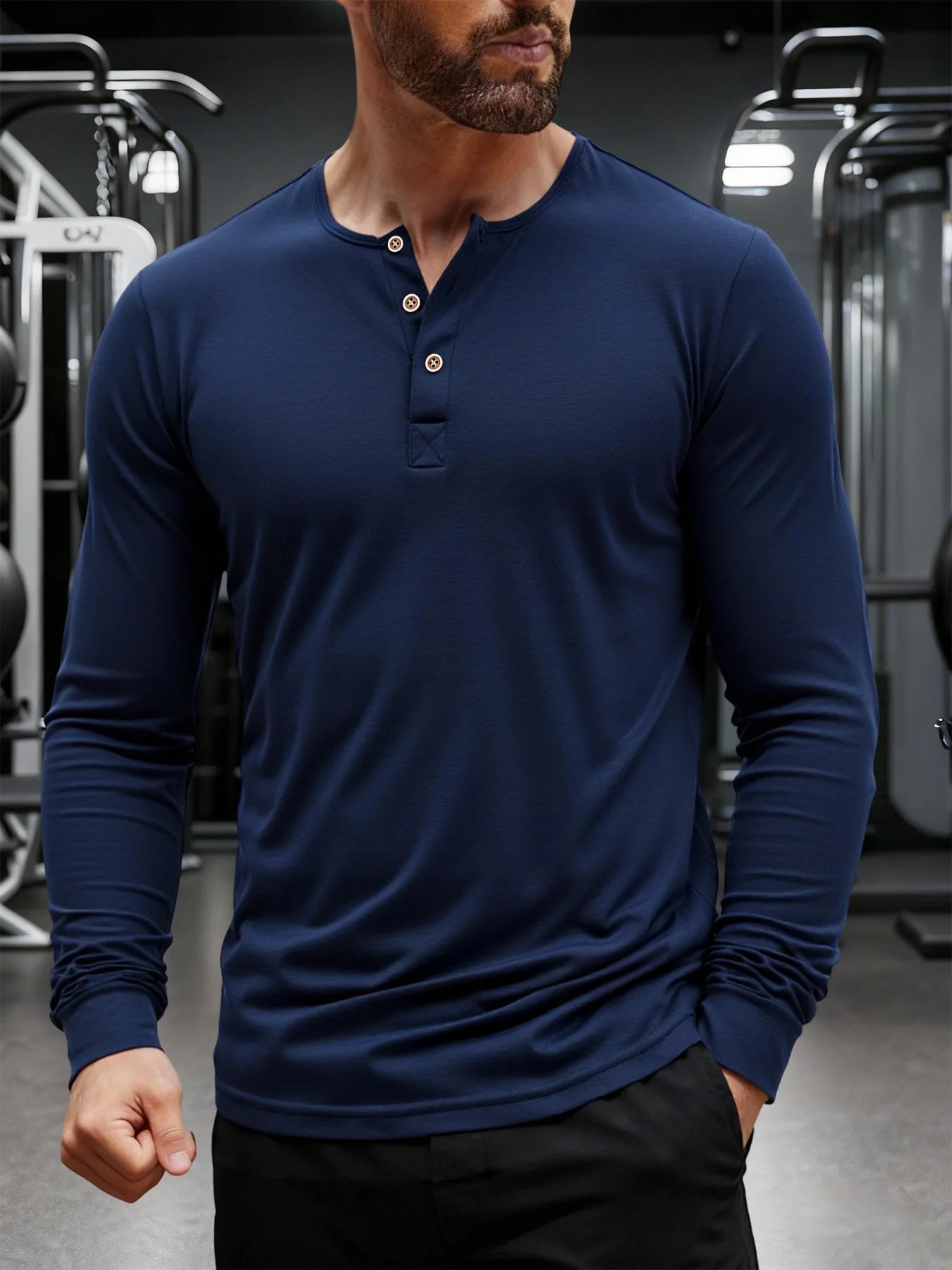 Camiseta Henley de manga larga para hombre, color liso, informal, transpirable, versátil, a la moda, ajustada, otoño