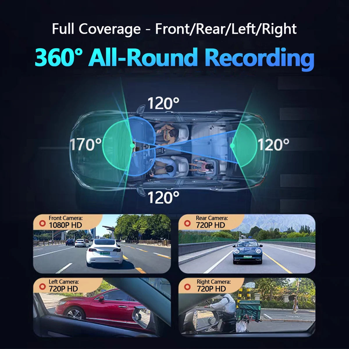 4-channel WiFi car dashcam DVR dashcams for car 24h rear box parking mode interior front and rear 360 dash cam