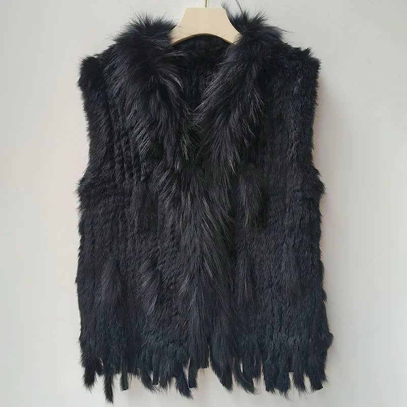 Gilet tricoté en vraie fourrure de lapin naturelle avec pompon, Gilet chaud sans manches pour femmes, avec garniture en vraie fourrure de raton laveur