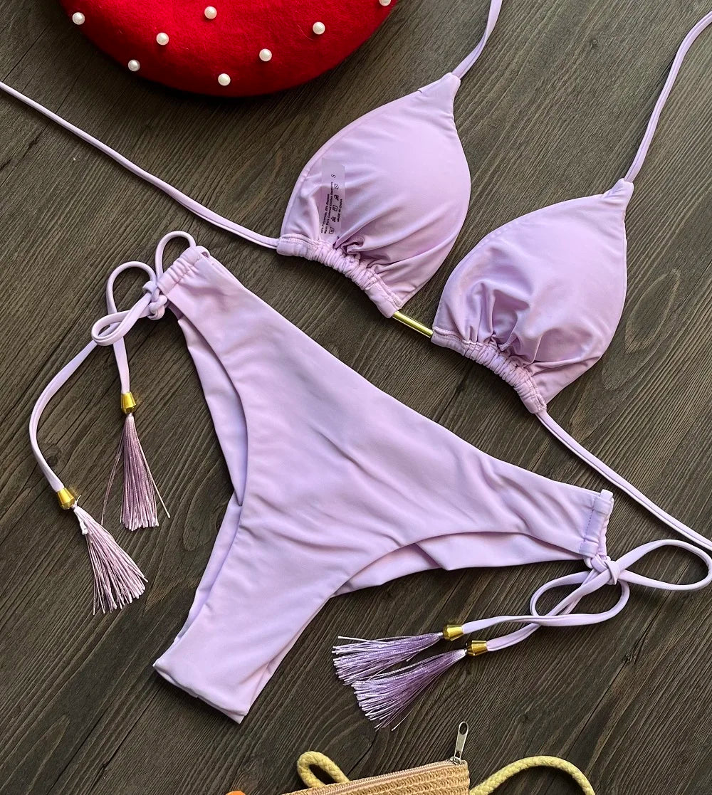 2025 nouveau Triangle Sexy maillot de bain pour femmes Bikinis brésiliens licou maillots de bain Push Up maillot de bain chaîne en métal plage Bikini ensemble
